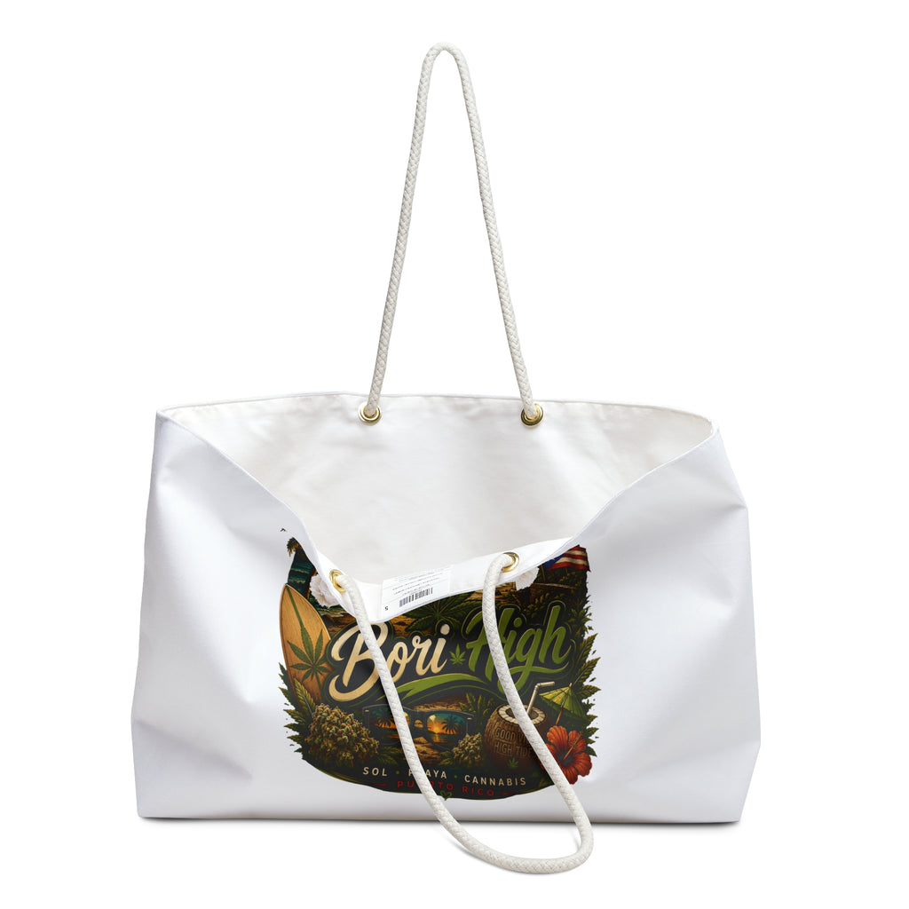 Weekender Bag — 'Bori High' Tropical Cannabis Beach Tote, Puerto Rico Surf & Relax Travel Bag