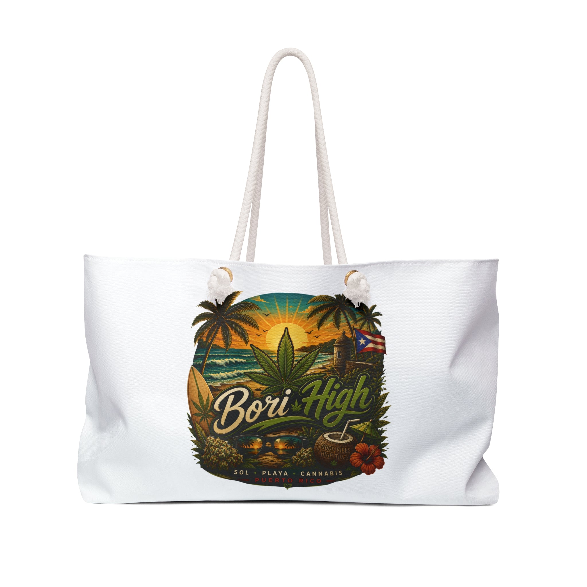 Weekender Bag — 'Bori High' Tropical Cannabis Beach Tote, Puerto Rico Surf & Relax Travel Bag