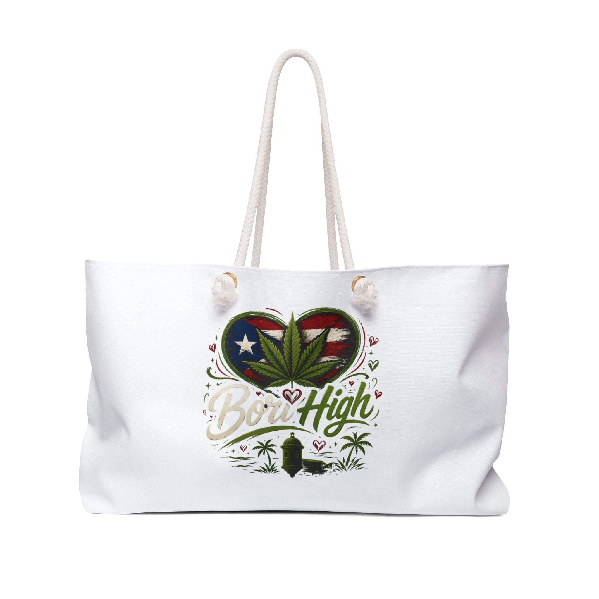 Puerto Rico 'Born High' Weekender Bag – Cannabis Leaf Heart Travel Tote