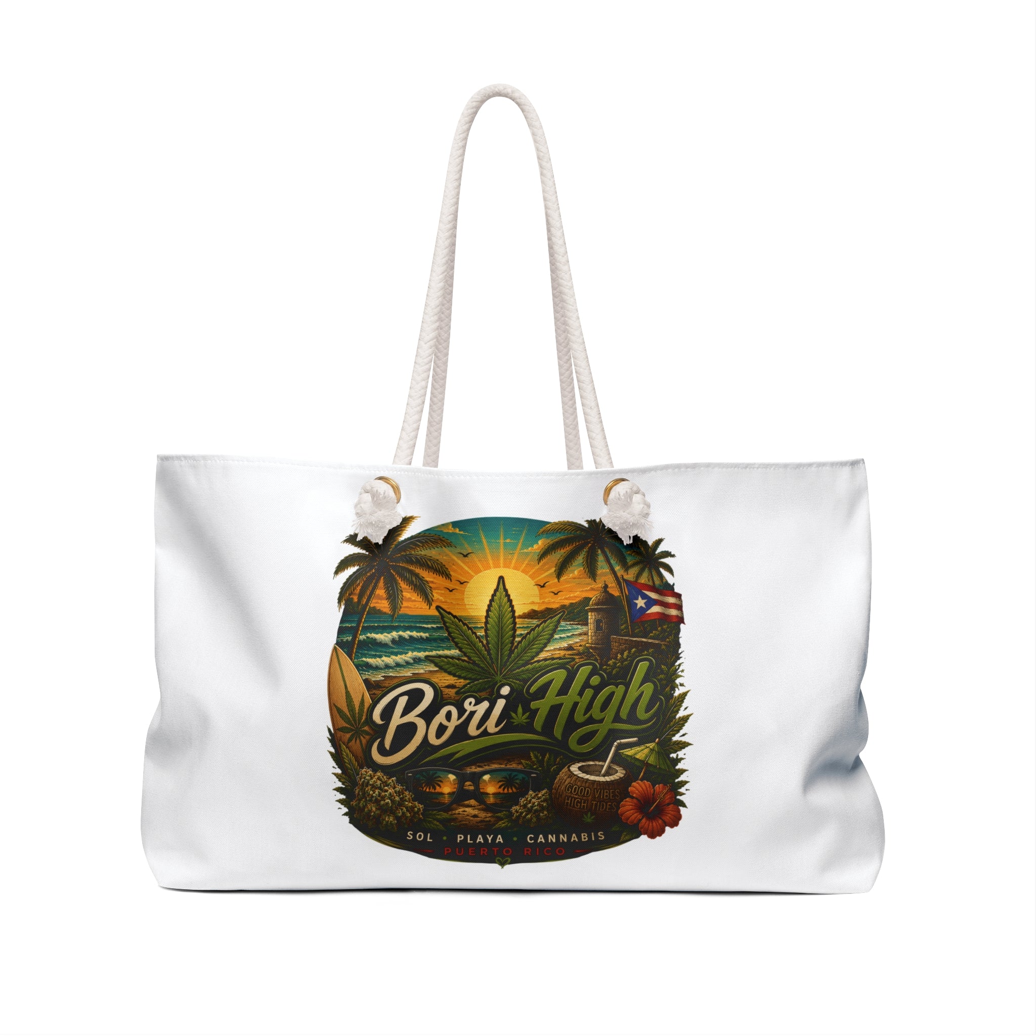 Weekender Bag — 'Bori High' Tropical Cannabis Beach Tote, Puerto Rico Surf & Relax Travel Bag