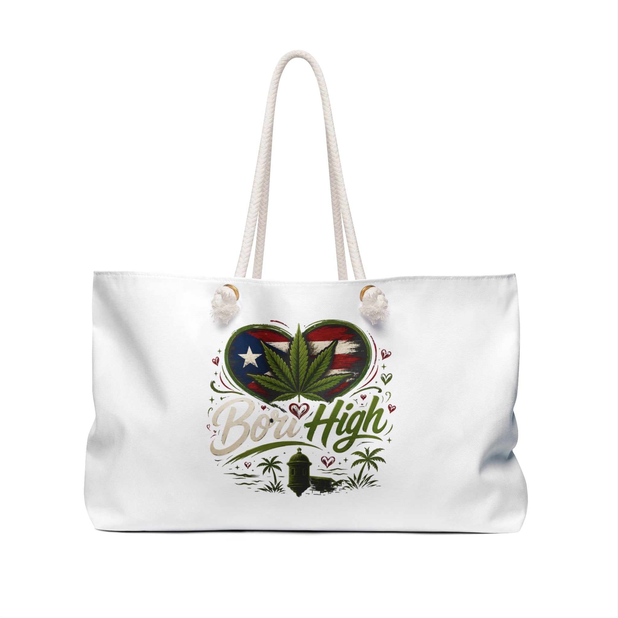 Puerto Rico 'Born High' Weekender Bag – Cannabis Leaf Heart Travel Tote